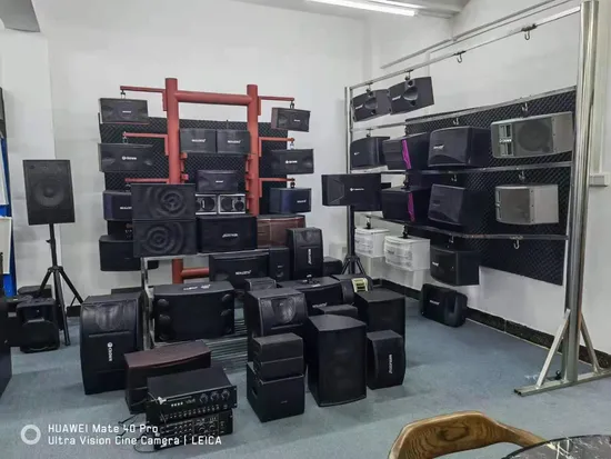 Columna de sonido con micrófono KTV y batería en el interior de un altavoz de matriz en línea con alimentación activa